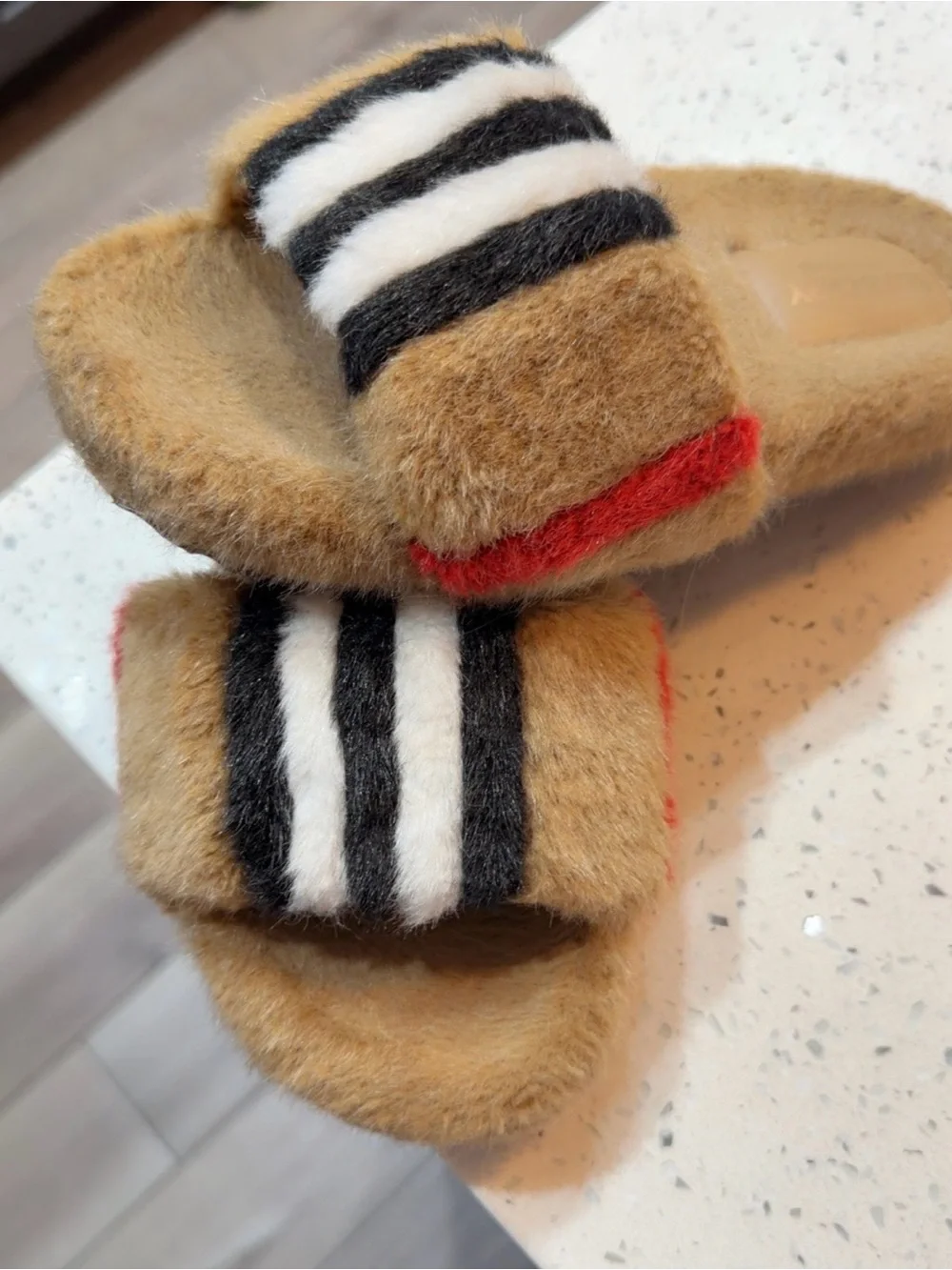 Burberry Tan Fuzzy Slide Sandals with Black & White Stripes